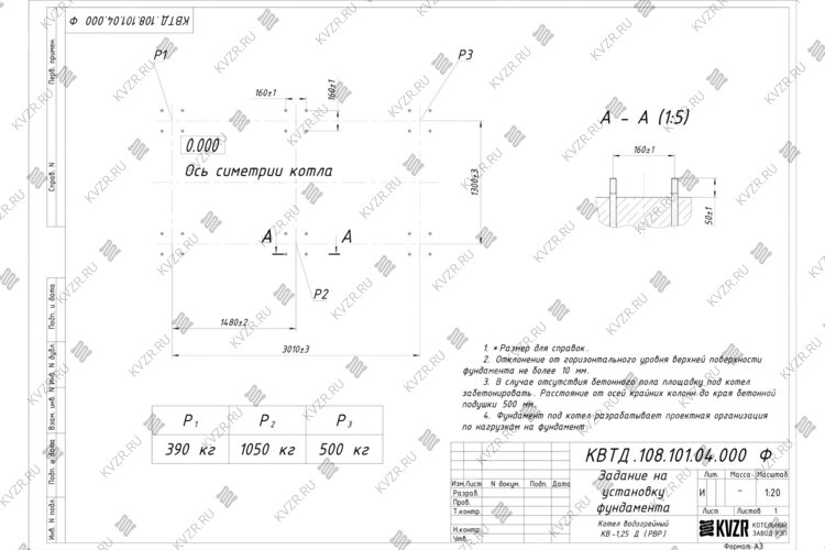 Чертеж фундамента котла на дровах 1250 кВт с ОУР